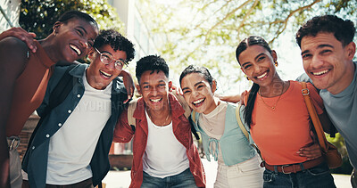 Buy stock photo Students, group and happy in low angle, hug and circle with diversity, support and back to school for education. People, friends and smile with embrace, learning or scholarship portrait at university