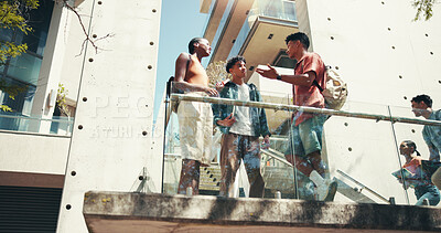 Buy stock photo Balcony, future and students outdoor on campus together for conversation, learning or study. College, education or university with man and woman friends talking at school for knowledge or scholarship