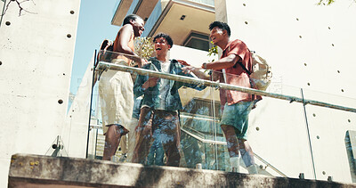Buy stock photo Balcony, education and friends outdoor on campus together for conversation, learning or study. College, future or university with man and woman students talking at school for knowledge or scholarship
