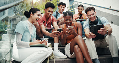 Buy stock photo Students, laugh and tech on stairs at campus, break and share meme with diversity in low angle at university. Friends, people and happy on steps with phone, tablet or streaming comic video at college