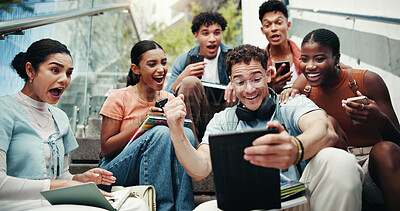 Buy stock photo Man, students and tablet on stairs for celebration, excited or reading results for exam at university. People, friends and group in low angle, cheers and success for scholarship, education or college