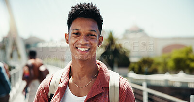 Buy stock photo Portrait, happy student and man at university campus for learning, education and scholarship at park. Smile, face and confident person at college outdoor for studying or future opportunity at academy