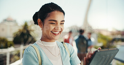 Buy stock photo Research, college and woman with tablet, student and happy for scholarship, education and thinking. Campus, outdoor and person with knowledge, university and smile for opportunity, online or browsing