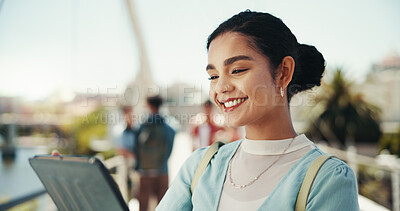 Buy stock photo Research, college and woman with tablet, education and happy for scholarship, student and thinking. Campus, outdoor and person with knowledge, university and smile for opportunity, online or browsing