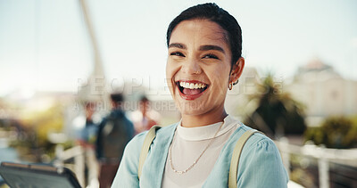 Buy stock photo Portrait, excited and education for woman, tablet and student with scholarship, college and outdoor. Campus, confident and person with knowledge, university and happy for opportunity in Canada