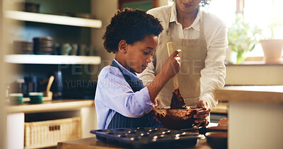 Buy stock photo Baking, learning and child with mother in kitchen for skill development with chocolate cupcakes. Teaching, bonding and boy kid cooking cookies, muffins or dessert with chef mom together in home.