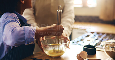 Buy stock photo Hands, parent and kid for baking with eggs in bowl for Christmas dessert, cake and meal at home. Closeup, people and teaching or helping for culinary skills, child development and growth in kitchen