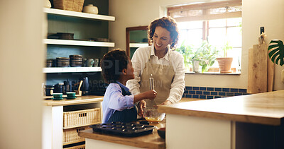 Buy stock photo Baking, bonding and child with mother in kitchen for skill development with chocolate cupcakes. Teaching, learning and boy kid cooking cookies, muffins or dessert with chef mom together in home.