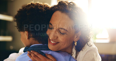 Buy stock photo Home, mom and happy with hugging kid for love, support and care with trust for family time. Apartment, lens flare and people with smile to embrace, bonding and safety for child development and growth