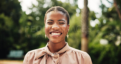 Buy stock photo Campus, growth and portrait of student black woman outdoor at fashion university for development. Education, future and study with smile of confident learner at style college for academic scholarship