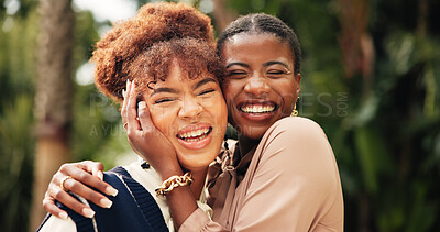 Buy stock photo Students, happy and outdoor in portrait with hug, reunion and smile for weekend visit. Women, best friends and excited in park with love, embrace and support in relationship with travel for vacation