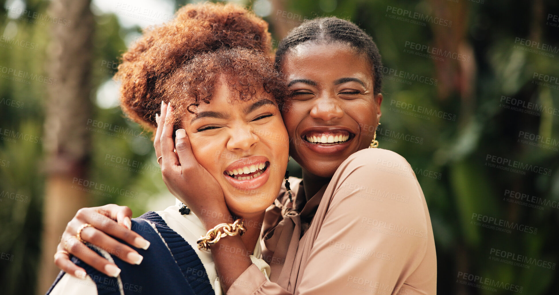 Buy stock photo Students, happy and outdoor in portrait with hug, reunion and smile for weekend visit. Women, best friends and excited in park with love, embrace and support in relationship with travel for vacation