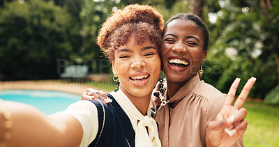 Buy stock photo Happy women, portrait and selfie with peace sign for memory, picture or photography together in nature. Female people, friends or smile with hug, embrace or emoji for capture moment, bonding or love