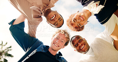 Buy stock photo Happy people, friends and portrait below with huddle for community, teamwork or friendship in nature. Low angle, group or union with smile, hug or circle for fun get together or outdoor gathering