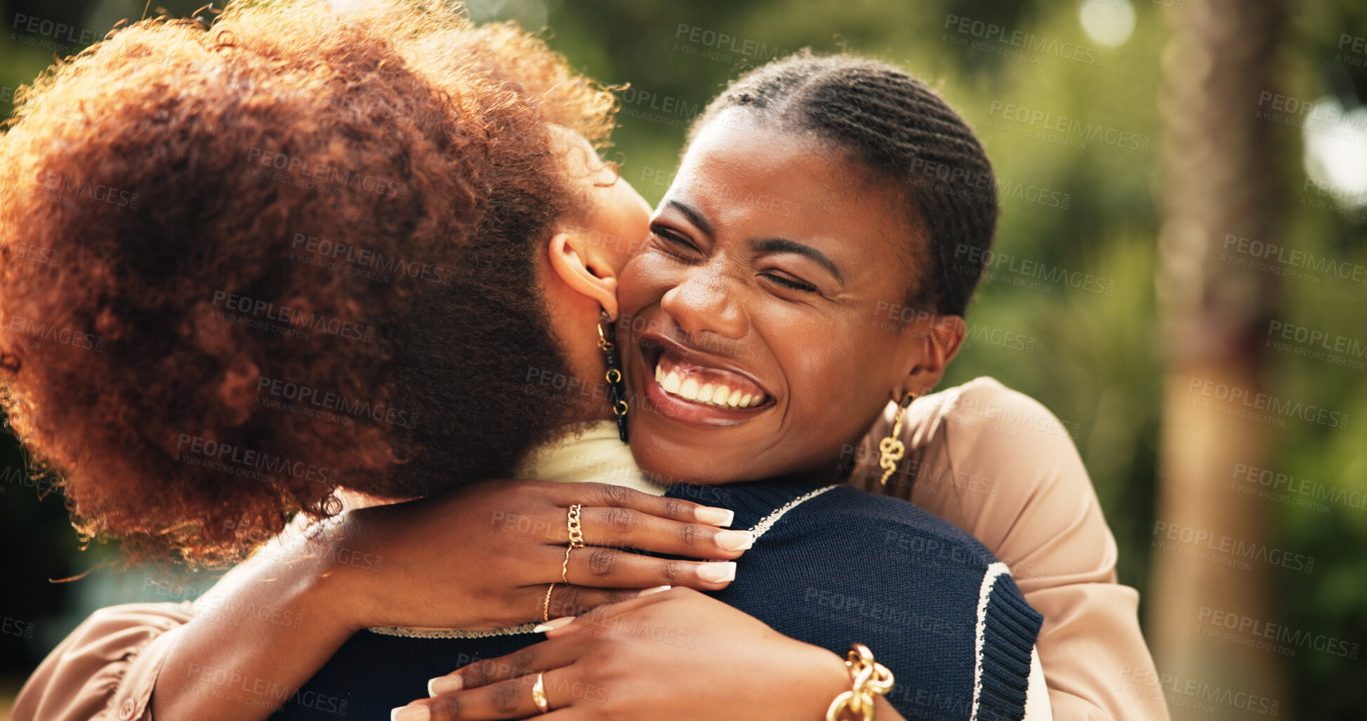 Buy stock photo Women, happy and outdoor with hug for reunion, care and smile for weekend visit. Students, best friends and excited in park with love, embrace and support in relationship with travel for vacation