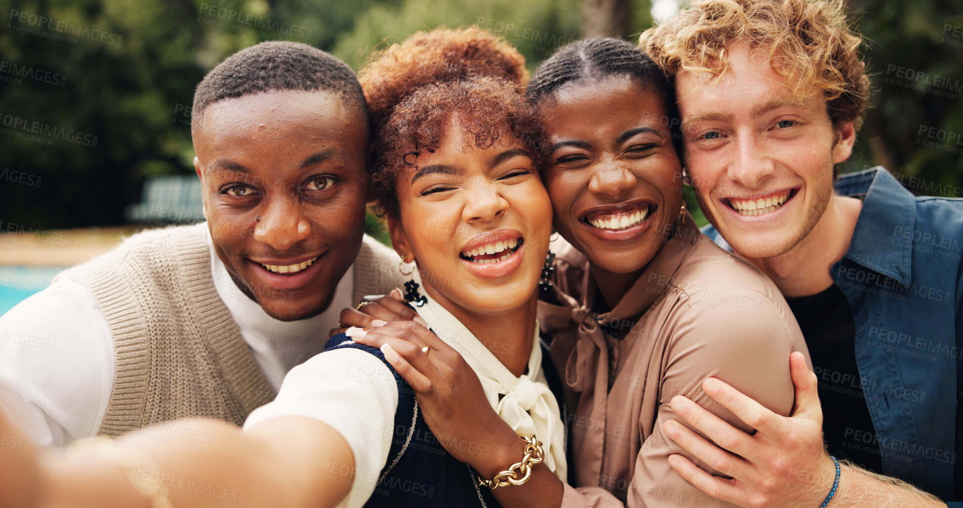 Buy stock photo Happy people, portrait and selfie with hug for memory, picture or photography together in nature. Excited, group or friends with smile, embrace or joy for capture moment, bonding or love in backyard