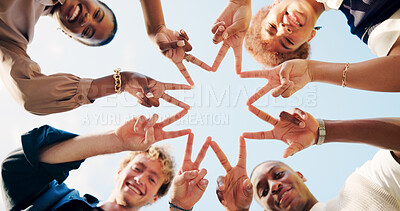 Buy stock photo People, star hands and outdoor for teamwork, synergy or solidarity by sky in portrait. Group, support and community of students with sign for cooperation, diversity and happy friends together below