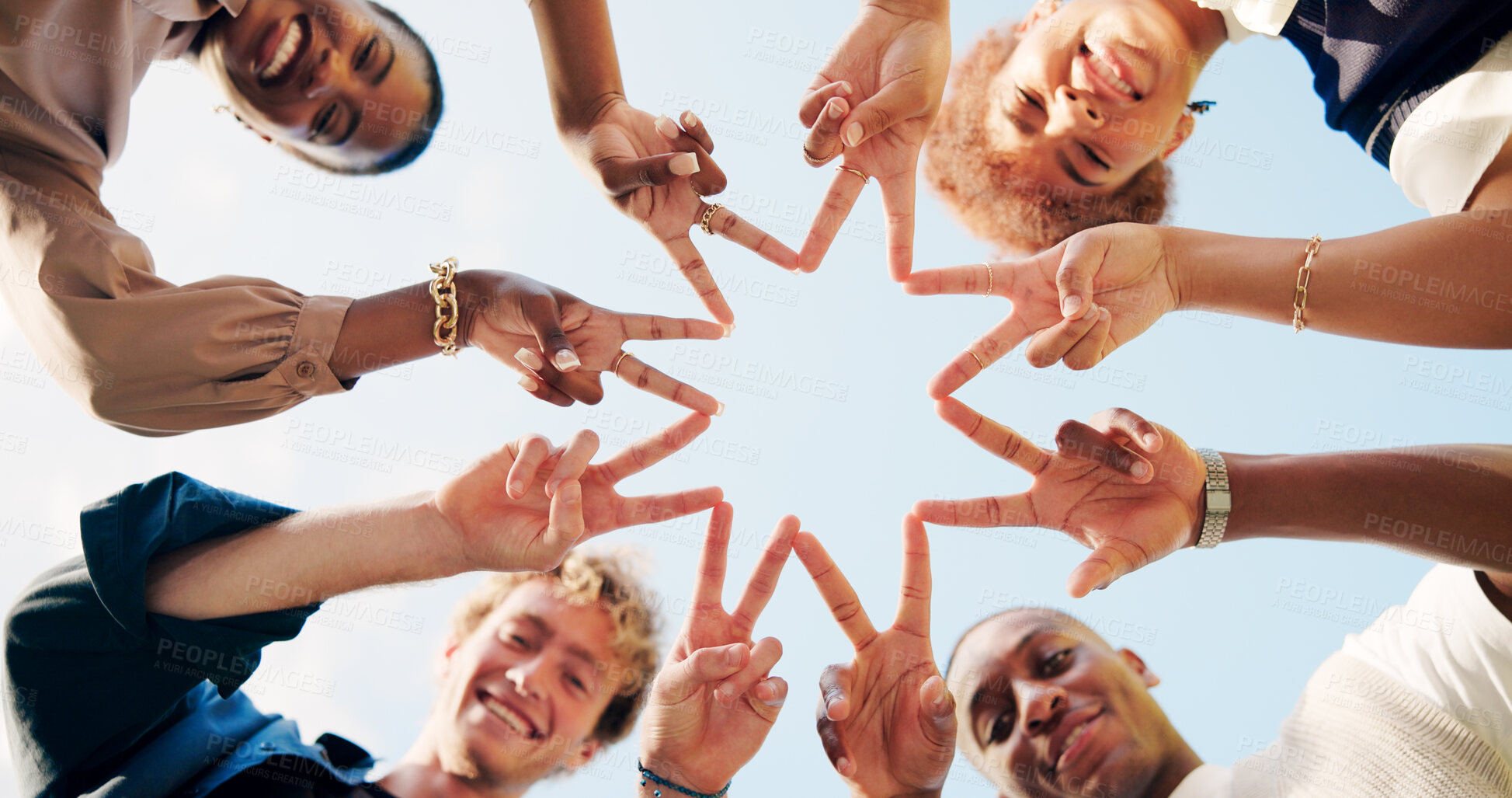 Buy stock photo People, star hands and outdoor for teamwork, synergy or solidarity by sky in portrait. Group, support and community of students with sign for cooperation, diversity and happy friends together below