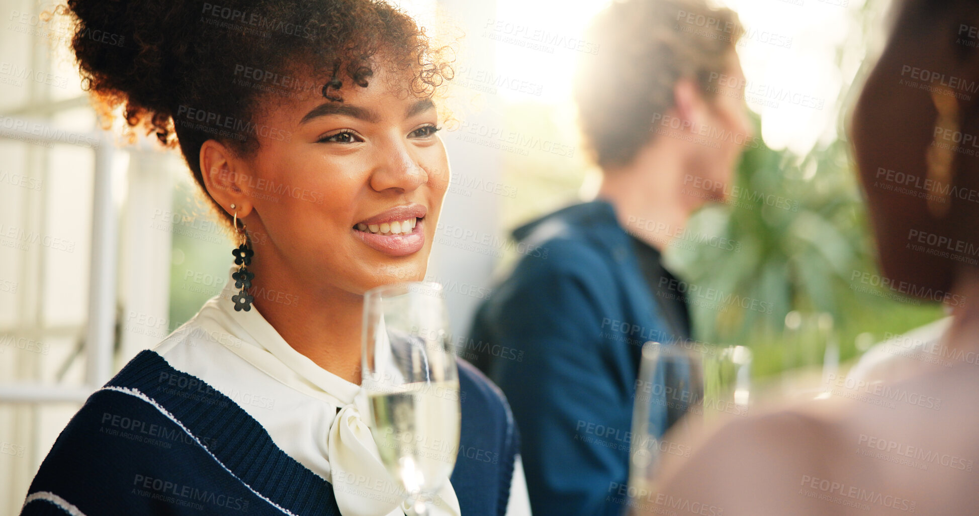 Buy stock photo Party, happy woman and drinking champagne with friends, talking and reunion at new year event. Alcohol glass, girl and group at celebration for social gathering, discussion and holiday at restaurant