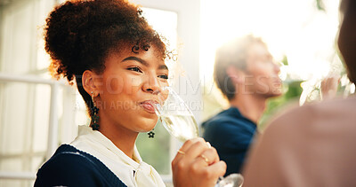 Buy stock photo Party, happy woman and drinking wine with friends, relax and reunion at new year event. Champagne glass, girl and group at celebration for social gathering with alcohol for holiday at restaurant