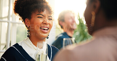 Buy stock photo Party, woman laughing and drinking wine with friends, talking and reunion at new year event. Champagne glass, girl and group at celebration for social gathering, funny joke and holiday at restaurant