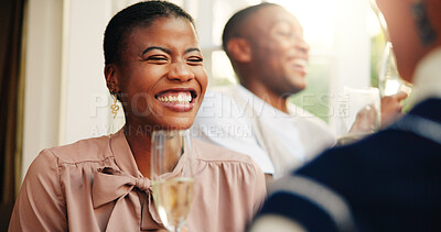 Buy stock photo Celebration, happy woman and drinking champagne with friends, talking and reunion at new year event. Alcohol glass, girl and group at party for social gathering, discussion and holiday at restaurant