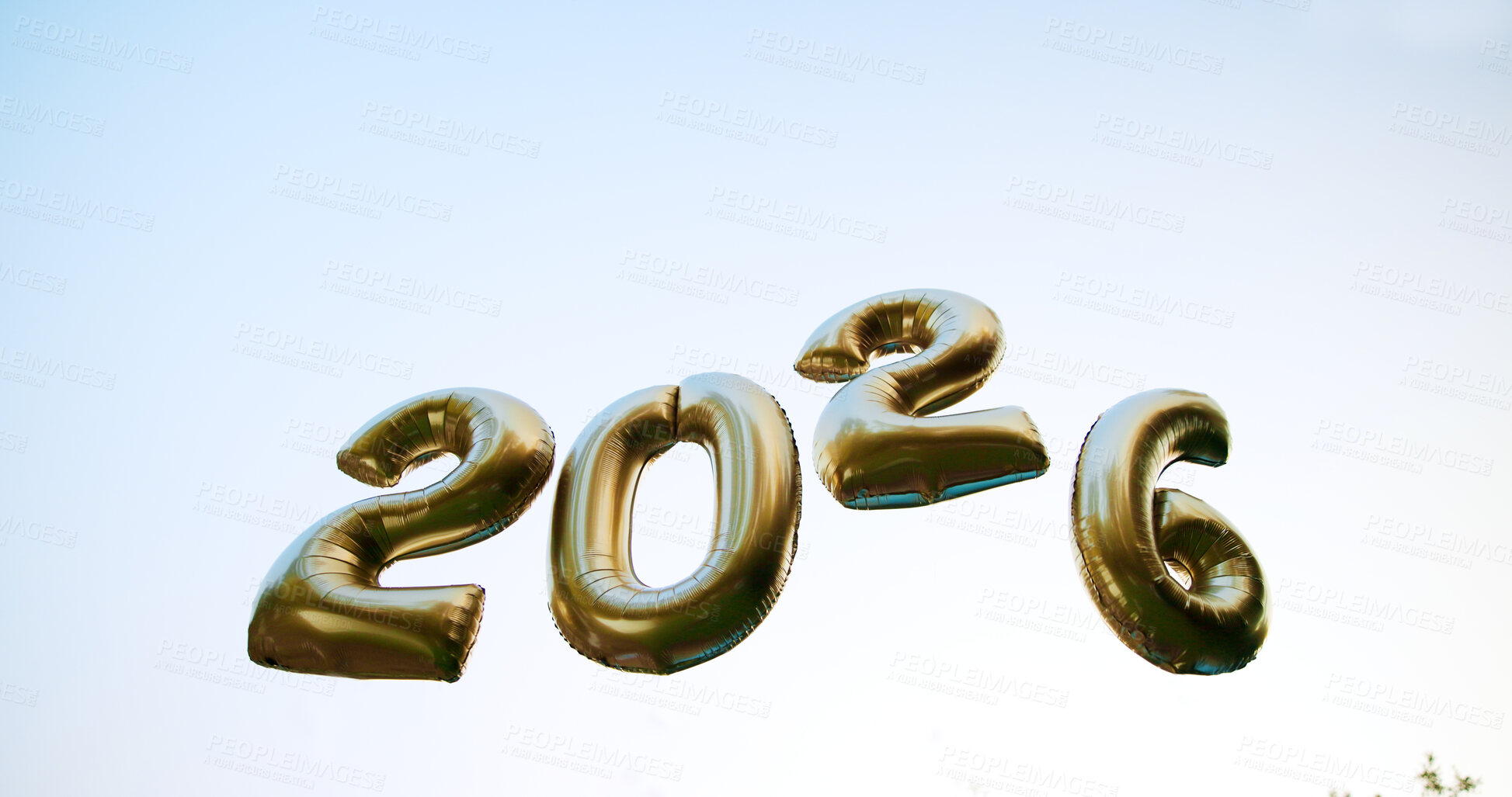 Buy stock photo Outdoor, sky and new year with balloons for festive season celebration, fun and appreciation. Numbers, 2026 and special event or occasion with decoration for gathering, holiday and festival or party