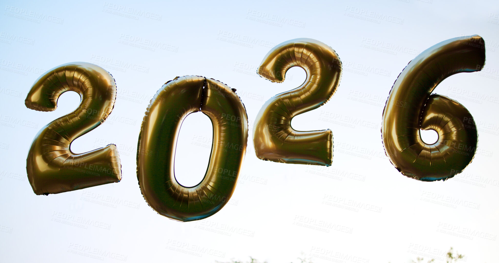 Buy stock photo Outside, sky and new year with balloons for festive season celebration, fun and appreciation. Numbers, 2026 and special event or occasion with decoration for gathering, holiday and festival or party