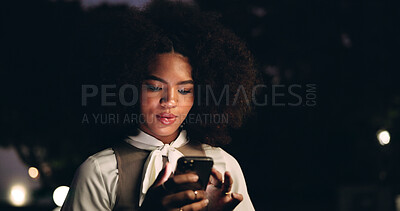 Buy stock photo Night, woman and phone in city for contact, social media and planning weekend at space. Student, mobile and outdoor in dark town for nightlife, connectivity and sharing location for safety at bokeh