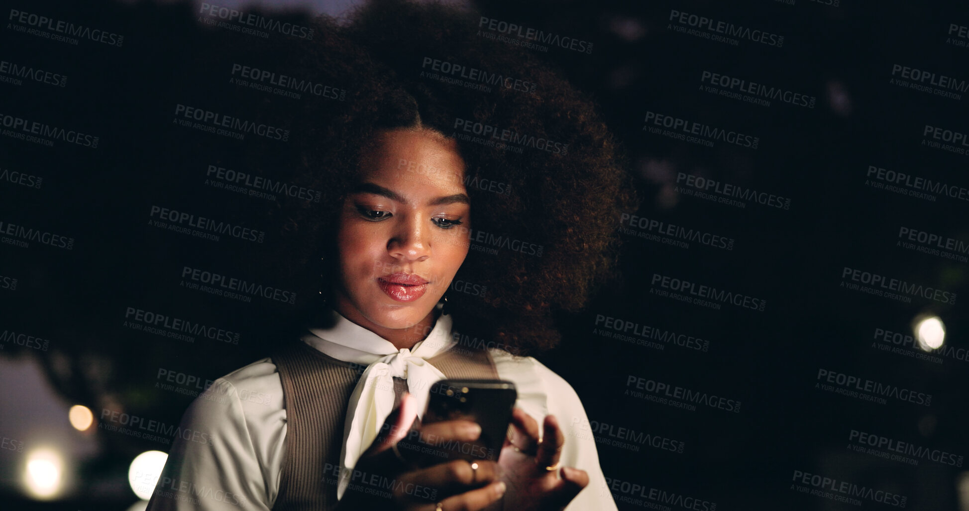 Buy stock photo Night, woman and phone in city for contact, social media and planning weekend at space. Student, mobile and outdoor in dark town for nightlife, connectivity and sharing location for safety at bokeh