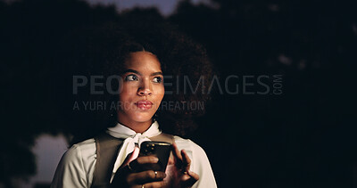 Buy stock photo Night, woman and thinking in city with phone, social media and planning weekend at space. Student, mobile and outdoor in dark town for nightlife, connectivity and sharing location for safety in app
