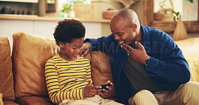 Buy stock photo Bonding, dad and child with smartphone, gaming and man with gesture for boy, playing and fun for score. House, father and gamer with mobile app in lounge, African and sign language for deaf kid