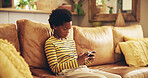 Couch, boy and black child with phone for games, movies or streaming cartoon weekend in home. Entertainment, relax or kid gaming on sofa with mobile connection for video, playing online or addiction