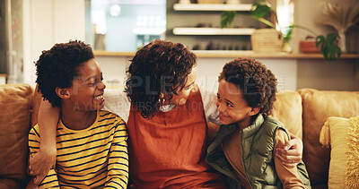 Buy stock photo Love, mother and children together on sofa with affection, security and protection in home. Happy African family, woman and boy kids with hugging in lounge for connection, relationship and support