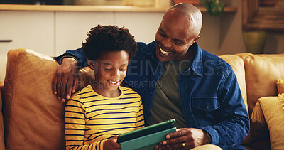 Buy stock photo Elearning, dad and child with tablet, home and bonding with app in living room, happy and internet. House, man and son with tech for education, growth and development for boy, knowledge and online