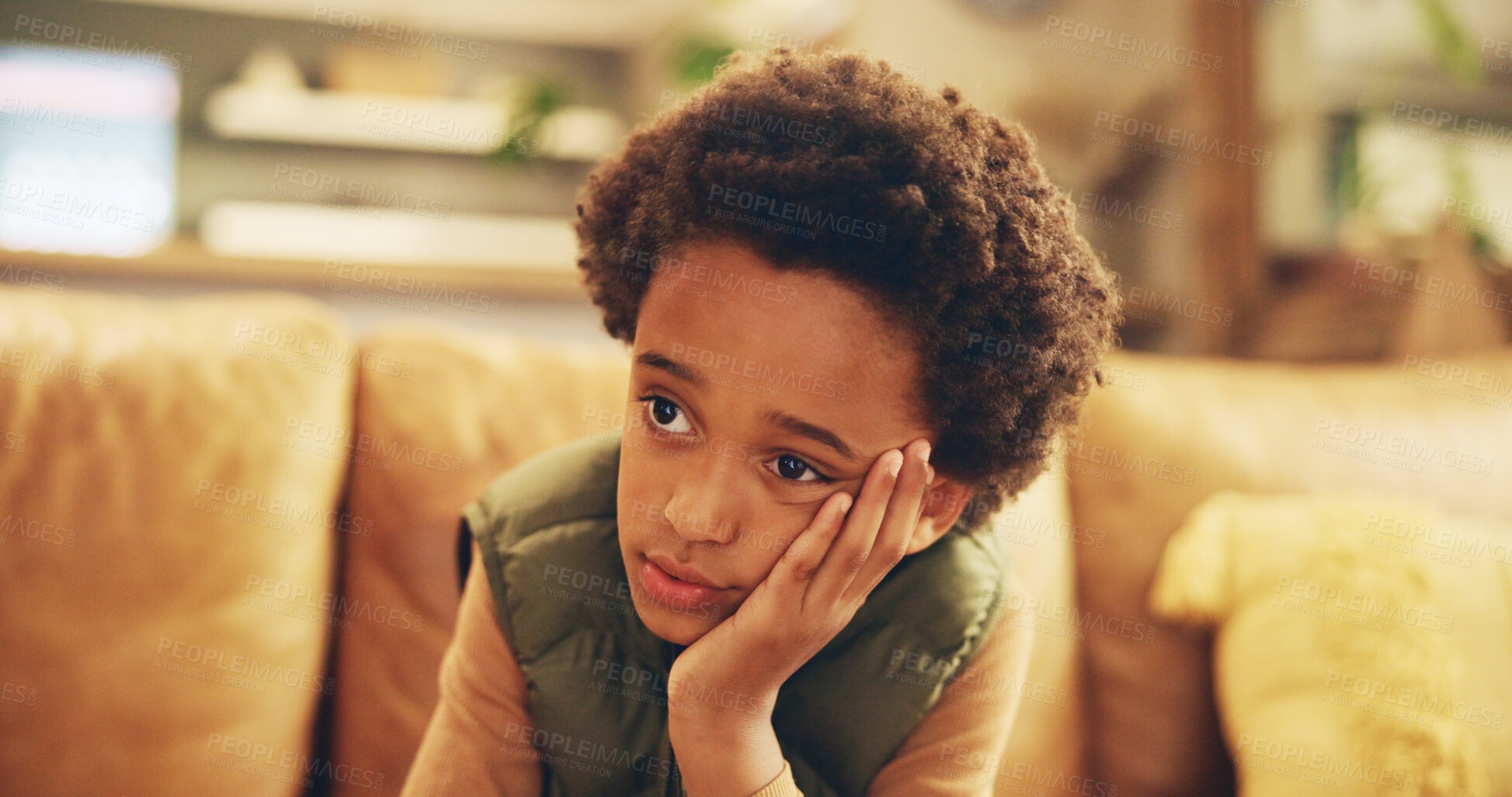 Buy stock photo Stress, sad and bored child on sofa with mental health, fatigue and frustrated loneliness in home. Anxiety, thinking and tired African boy kid with depression, memory and emotional burnout in growth