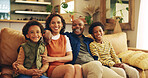 Family, happy and portrait on sofa with love, comfort and relax on weekend in home. African parents, children and hug in living room with smile, relationship development and trust with care on couch