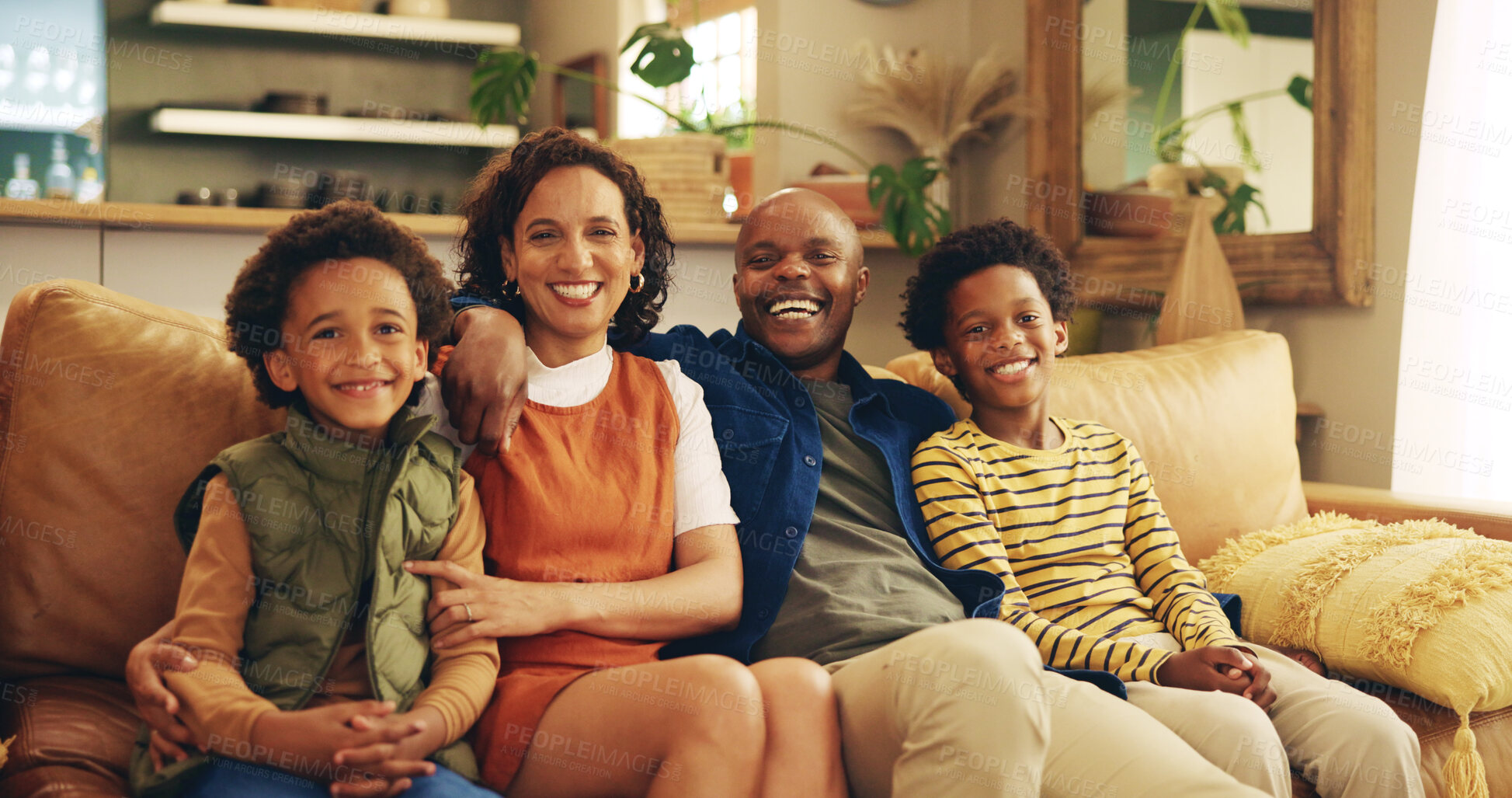 Buy stock photo Family, happy and portrait on sofa with love, comfort and relax on weekend in home. African parents, children and hug in living room with smile, relationship development and trust with care on couch