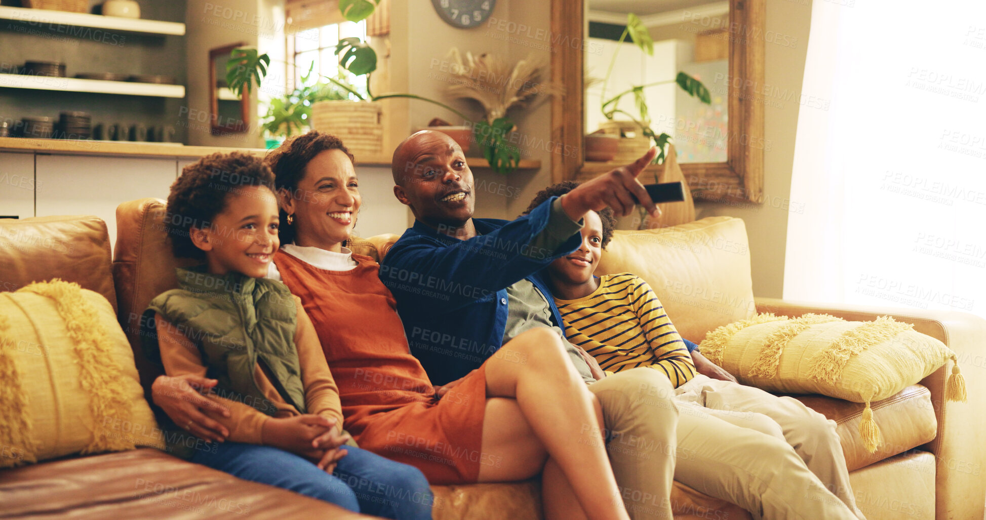 Buy stock photo Break, streaming and watching tv with blended family on sofa in living room of home together. Channel, remote and subscription service with happy people in apartment for television entertainment