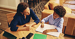 Above, mother and child in home for education, studying and help with math homework at table. Woman, son or notebook in living room for advice, counting development and lesson information with care