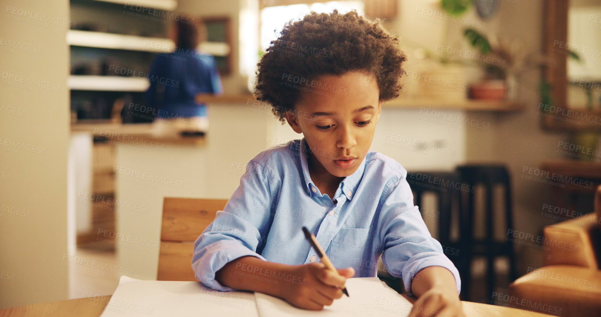 Buy stock photo Writing, serious and child with homework, home and boy with info, education and studying for exam. Desk, growth and development of kid, knowledge and preparing for test, African and notebook in house