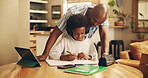 Studying, help and child with headphones, dad and education for boy, growth and development in home. Bonding, black man and assistance for homework, notebook and knowledge for exam, son and house