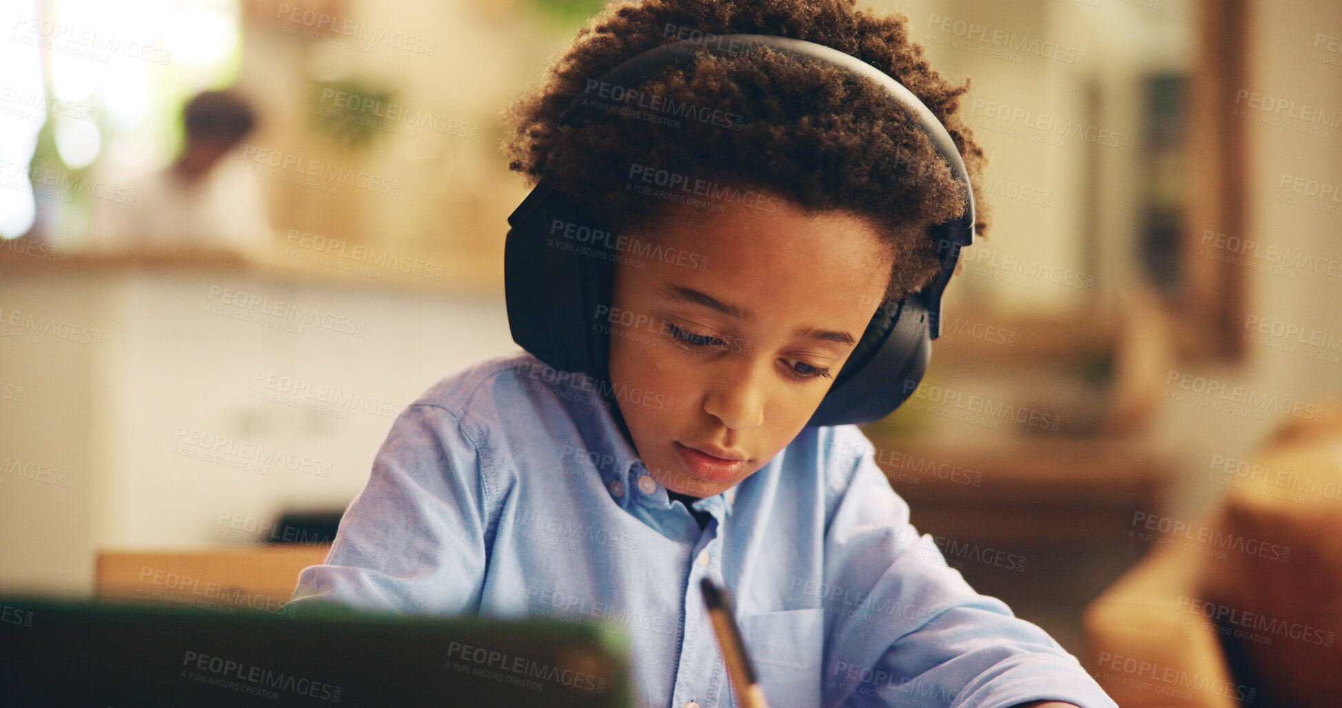 Buy stock photo Listening, online and child with headphones, home and subscription for info, education and audio for exam. Digital, growth and development of kid, knowledge and preparing for test, serious and house