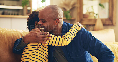 Buy stock photo Hug, smile or support with dad and son on sofa in living room of home together for development. Black family, happy or love with boy kid and single parent man embracing in apartment for relationship