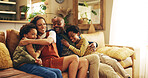 Family, excited and hug on sofa with love, comfort and joking on weekend in home space. African parents, children and laugh in living room for comedy, relationship development and good news on couch