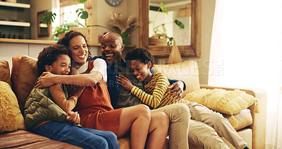 Buy stock photo Family, excited and hug on sofa with love, comfort and joking on weekend in home space. African parents, children and laugh in living room for comedy, relationship development and good news on couch