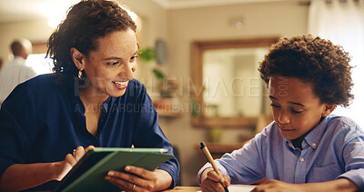 Buy stock photo Studying, child and woman with tablet, home and teaching of son with app, growth and development of boy. Bonding, African and smile for education, learning and knowledge for kid, happy and house