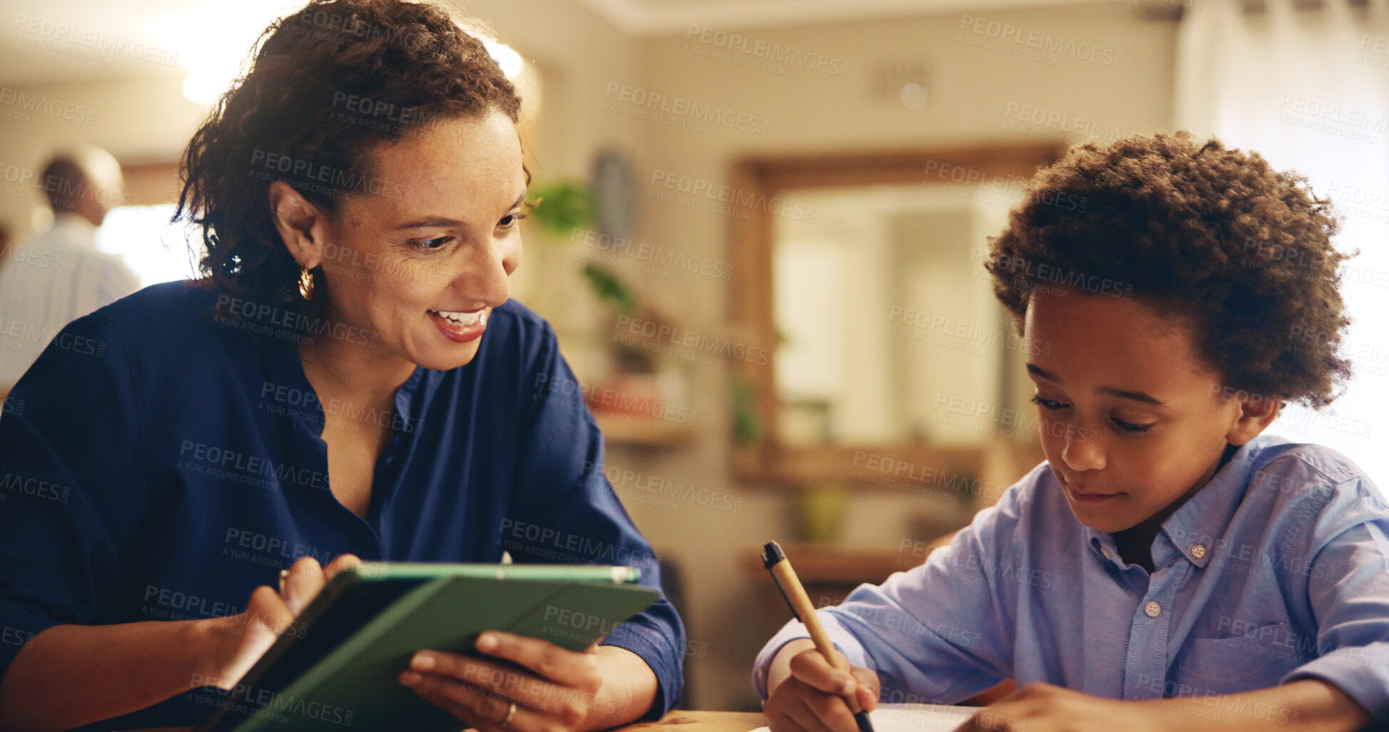 Buy stock photo Studying, child and woman with tablet, home and teaching of son with app, growth and development of boy. Bonding, African and smile for education, learning and knowledge for kid, happy and house