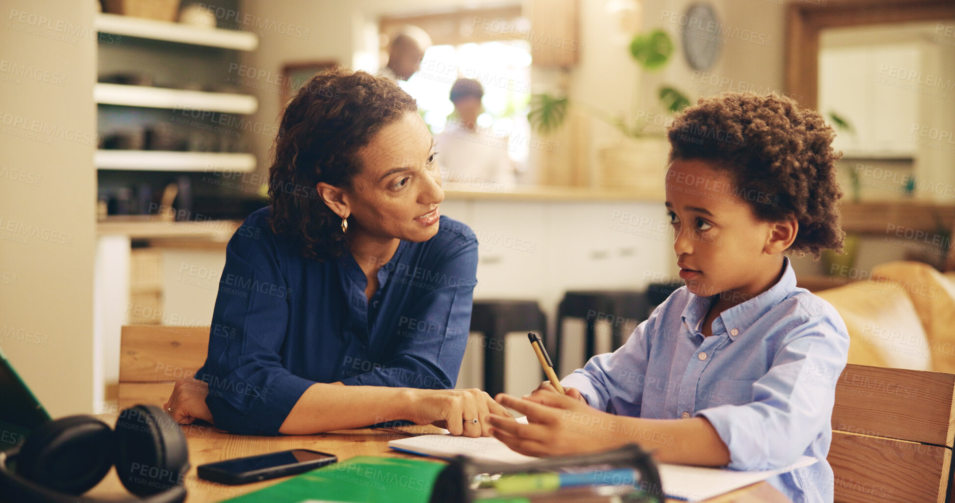 Buy stock photo Education, mother and kid in home for learning, studying and advice for homework. Woman, child thinking and books in living room for explain lesson, counting development and helping with assessment