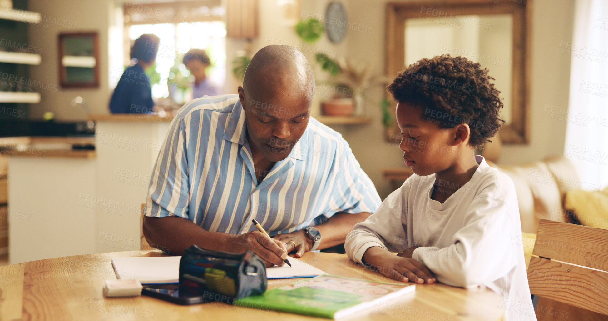 Buy stock photo Studying, help and dad with notebook, child and education for boy, growth and development in house. Bonding, black man and assistance for homework, writing and knowledge for exam, son and home